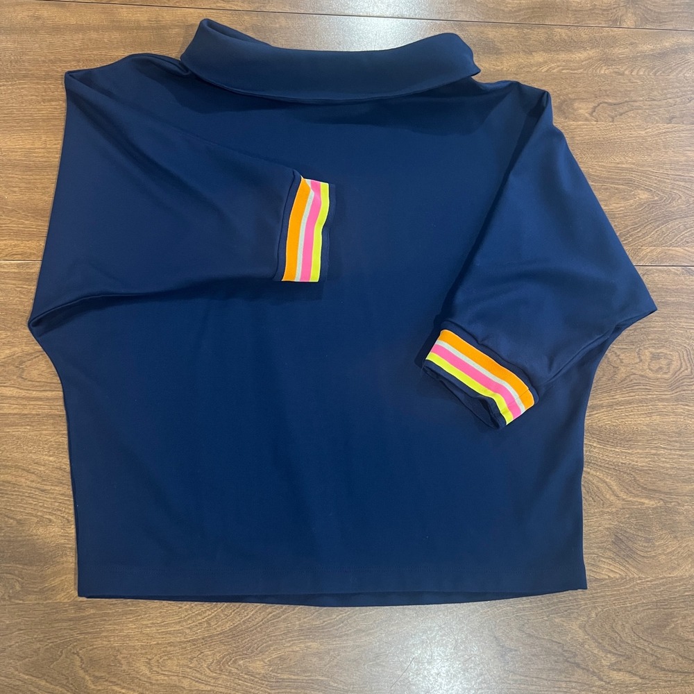Trina Turk Navy Blue Batwing Knit Top Neon‎ Striped Cuffs Medium